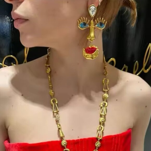 Visage Surrealism Gold Blue Eyes Earrings - Picture 5 of 9